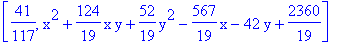 [41/117, x^2+124/19*x*y+52/19*y^2-567/19*x-42*y+2360/19]